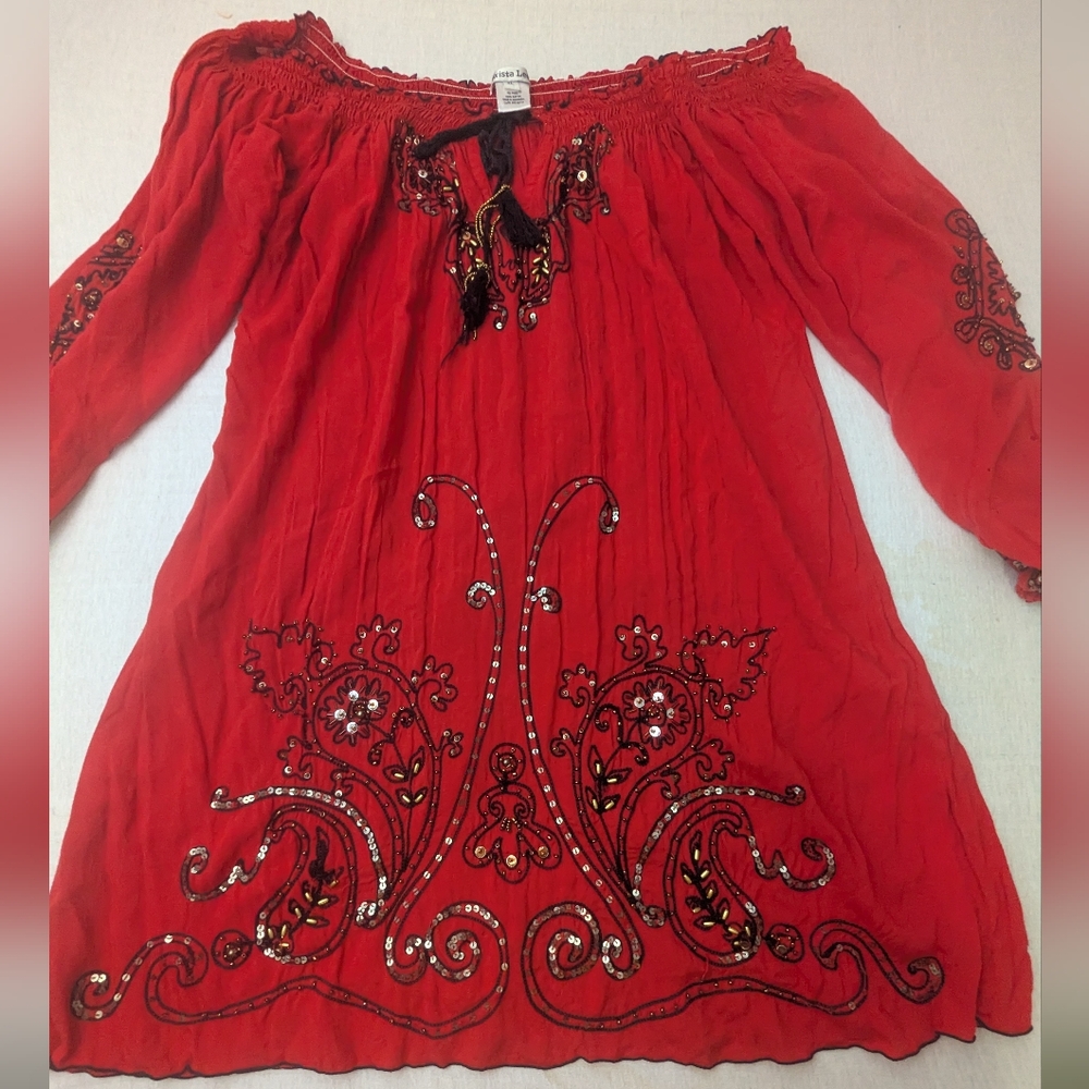 Krista Lee Bohemian Red Embroidered Dress With Drop Shoulder Peasant Sleeves XL
